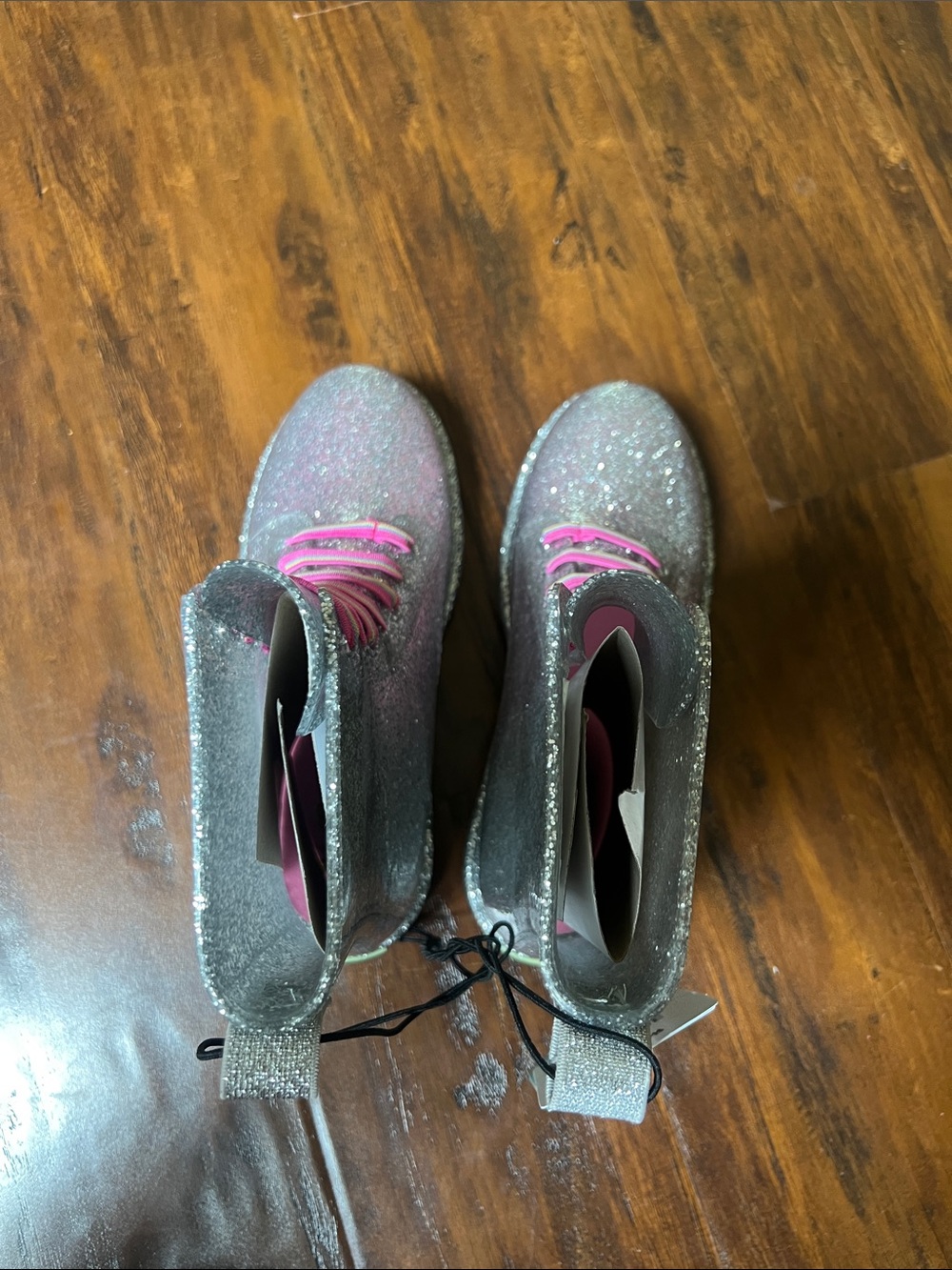 NWT Western Chief Glitter Combat Rain Boots with Hot Pink No Tie Laces Size 1 - Picture 10 of 10